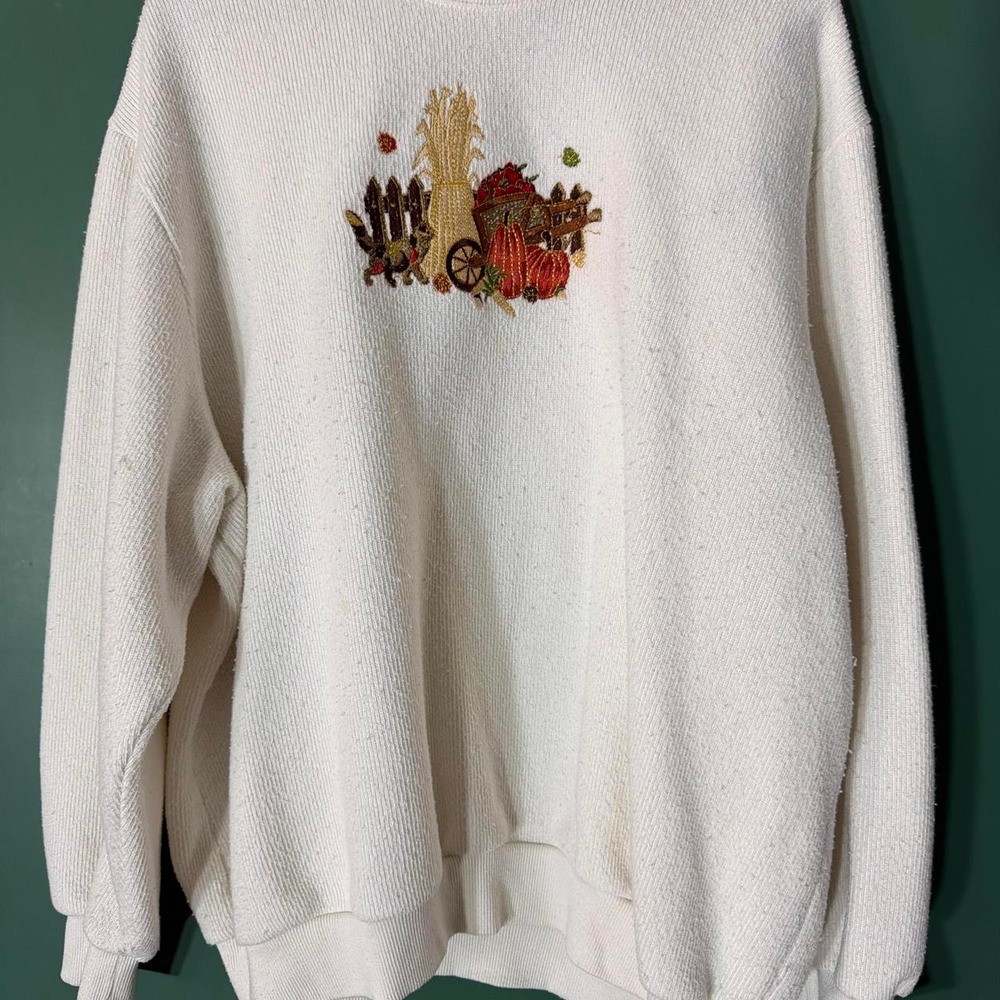 Vintage BonWorth White Autumn Harvest Embroidered Sweatshirt XL Petite 90s